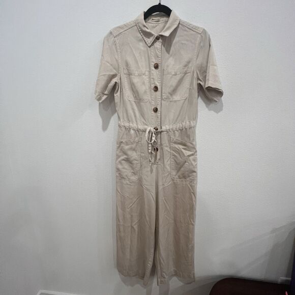 Marine Layer Pants - Marine Layer Jumpsuit Womens Small Beige Short Sleeve Button Front Utility